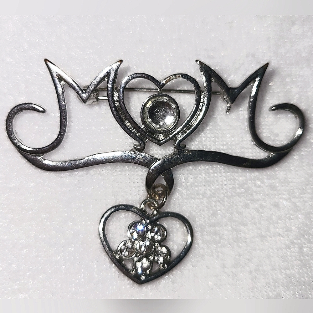 Vintage Silver Tone Diamonte Mom Rhinestone Love Heart Brooch / Pin